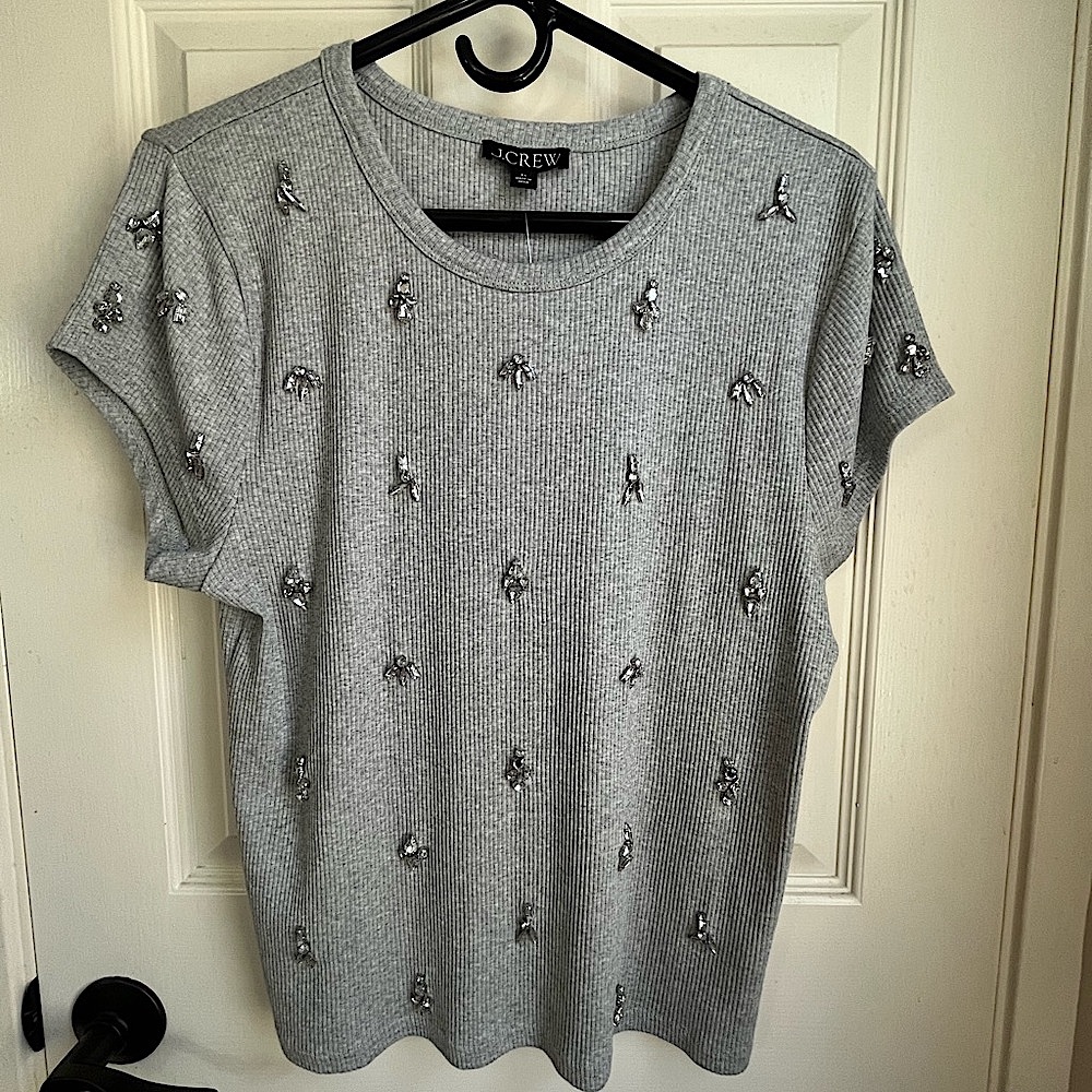 NWT J. Crew Gray Short Sleeve Tee with Jewel Embellishment XL